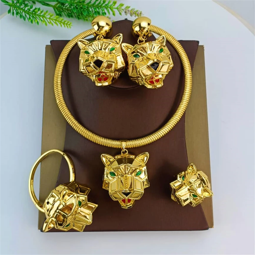 EMMA Fashion Big Leopard NecklaceGold Plating Pendant Animal Shape Bracelet Earrings African American Woman Jewelry Set