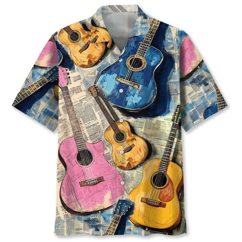 Tropical Hawaiian Guitar Shirt Summer 3D Printing Musical Instruments Short-Sleeved Blouse Street Music Lover 80s 90s Shirts