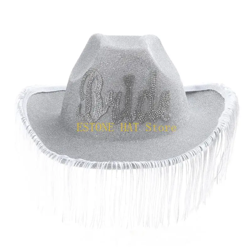 49MF Sombrero vaquera con borlas y diamantes imitación brillantes, sombrero ancha para despedida