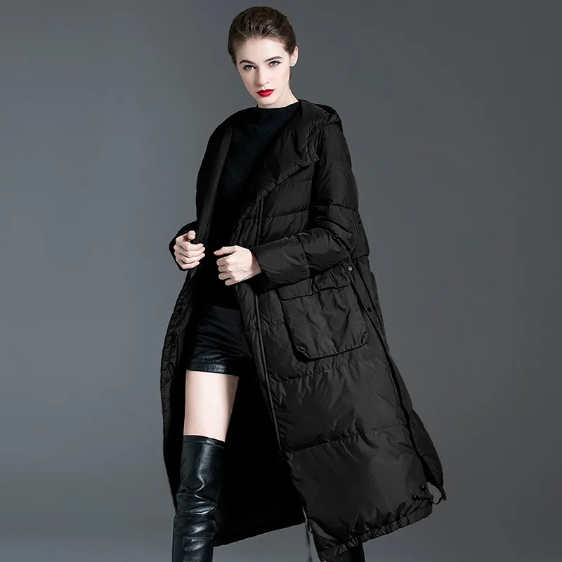 

Winter Women's Hooded Down Jacket Over-the-knee Puffer Jacket Thickened White Duck Down Warm Slim-Fit Coat New Trendy Coats