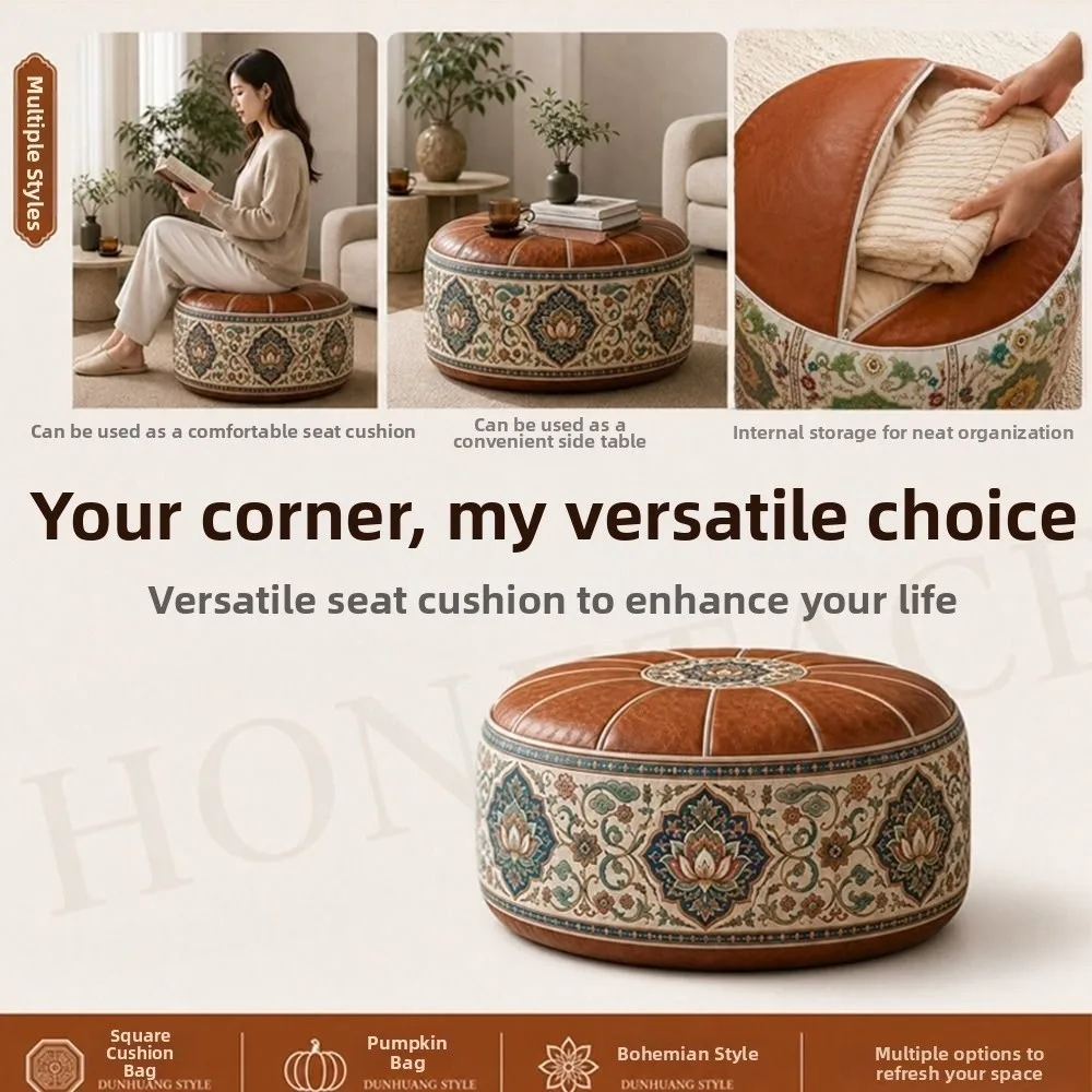 New PU Leather Ottoman Pouf Boho Pattern Round Shape Storage Ottoman Fillable Foldable Footstool Cover Multipurpose Storage view 4