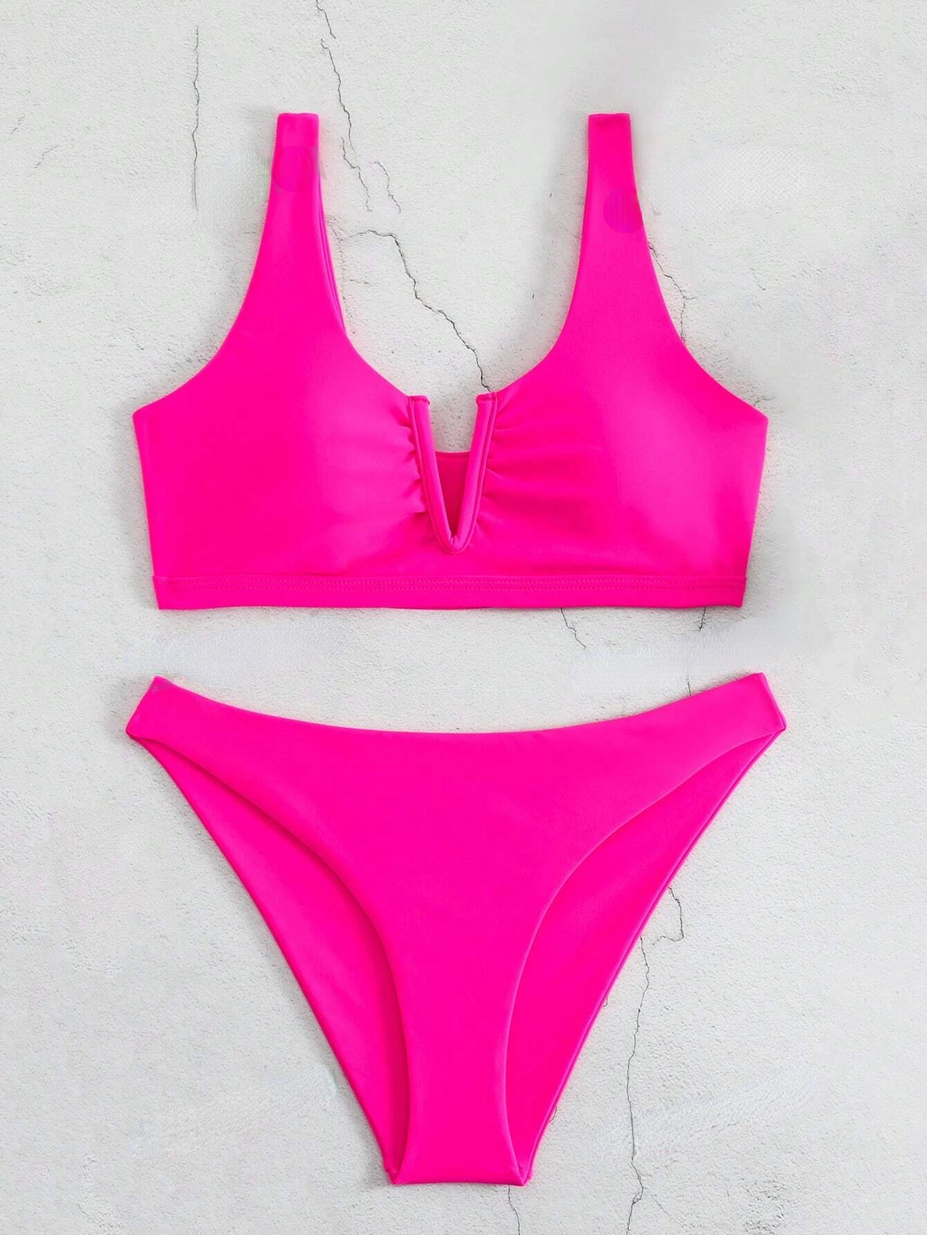 Swim Basics Summer Beach Plain V Neck Bikini Set