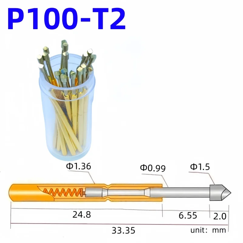 20/100PCS P100-T2 Spring Test Probe Test Pin Pogo Pin Nickel Plated Pin Dia1.36mm 33.35mm P100-T Test Head Dia1.5mm PCB Tool