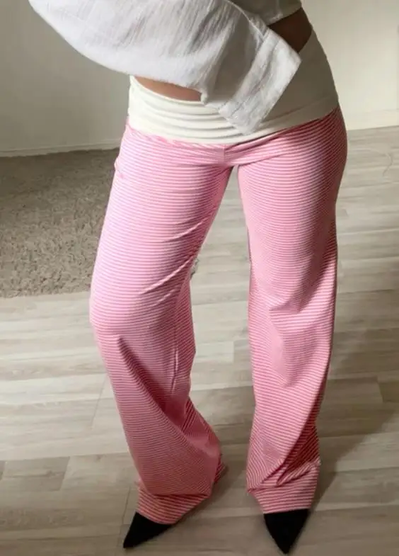 أزياء الخريف المتناقضة الربط السراويل الساق المستقيمة للنساء عارضة منخفضة الخصر مخطط مطبوعة السراويل الساق المستقيمة