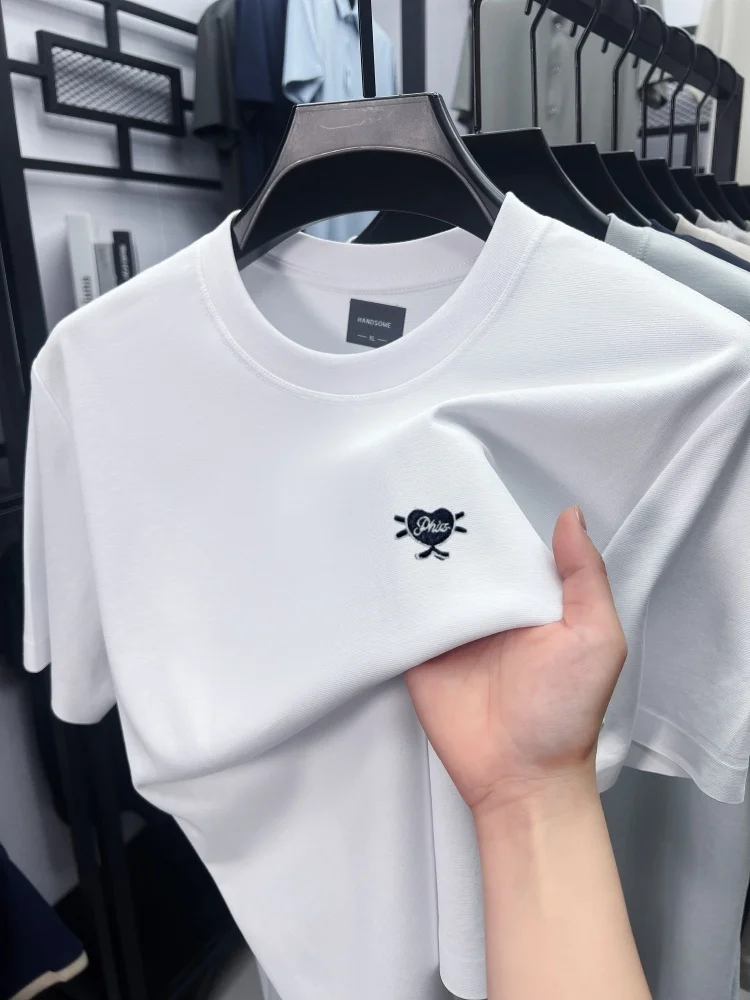 

New high-end brand men's seamless round neck short sleeve top summer fashion heart inspired boutique embroidery Korean T-shirt