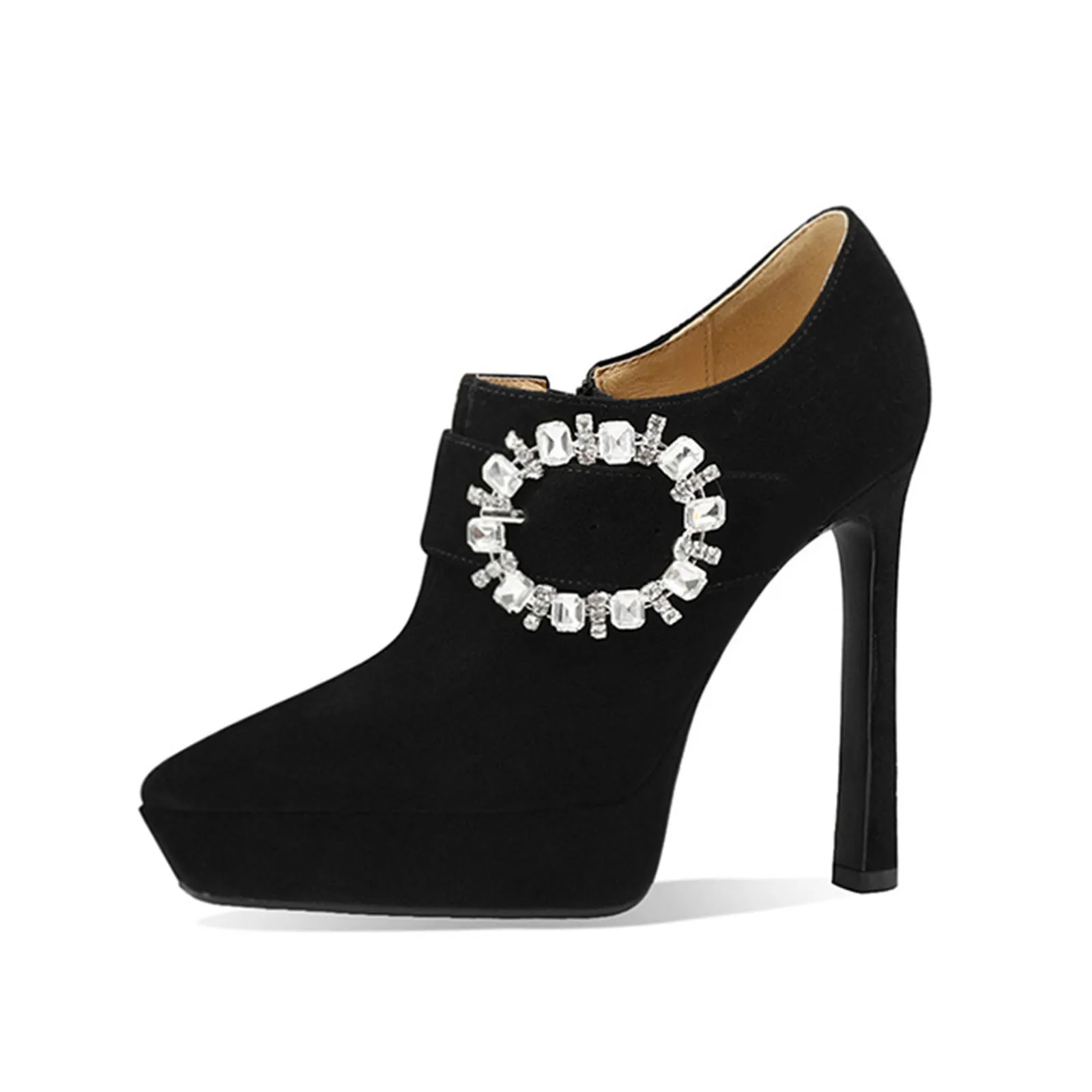 New Waterproof Table High Heels Thin Heel Rhinestone Belt Buckle Pointed Side Zipper Temperament Super High Heel Single Shoes