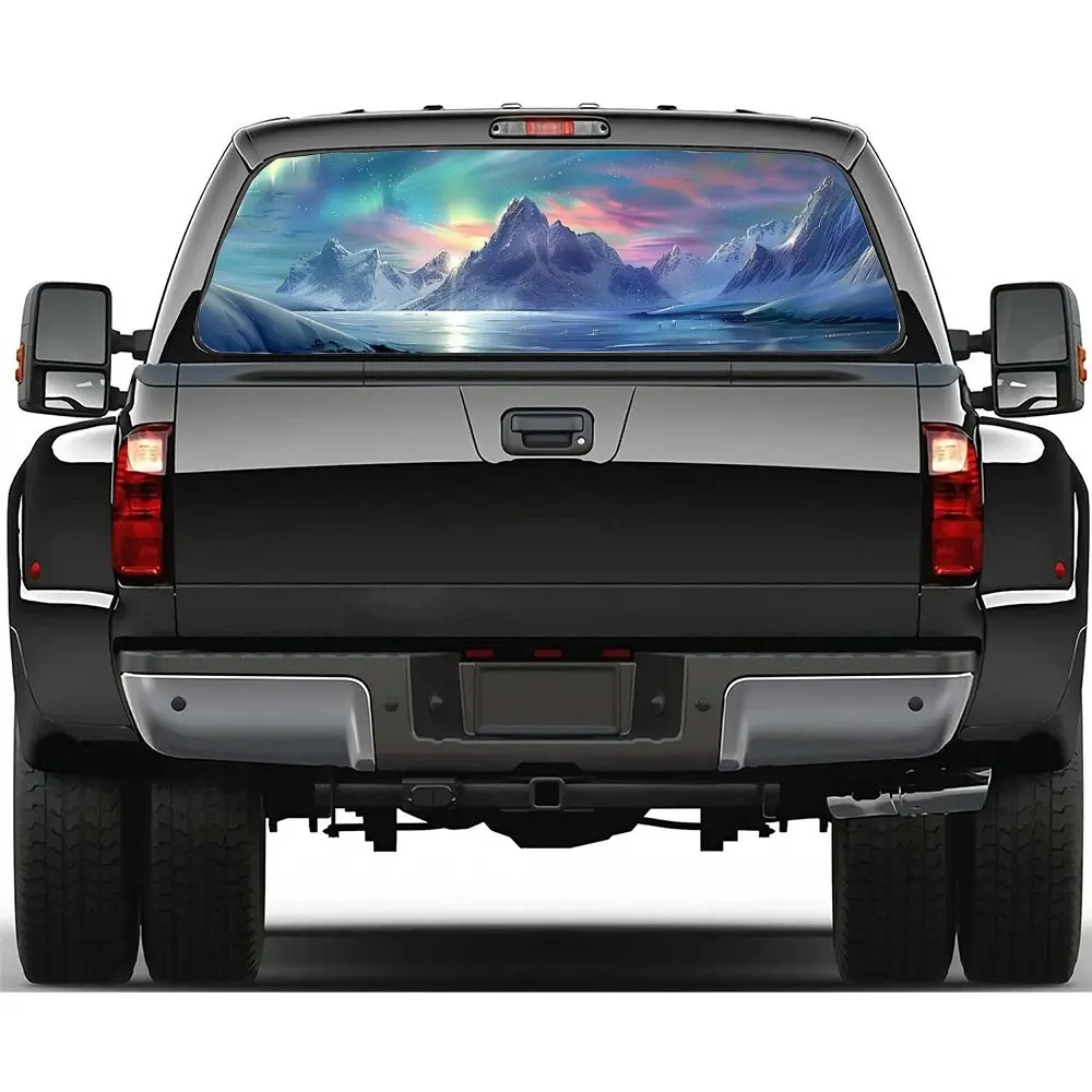 Aurora Snow Mountain Lake Car Rear Windshield Sticker Truck Window See Through Perforated Back Window Vinyl Decal Decoration