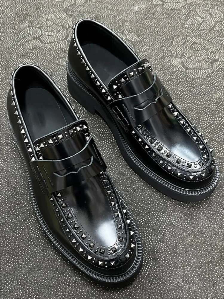 Leisure Style Genuine Leather Platform Lace-Up Male Dress Shoes Solid Color Round Toe Slip On Rivet Cowhide Middle Heel Footwear