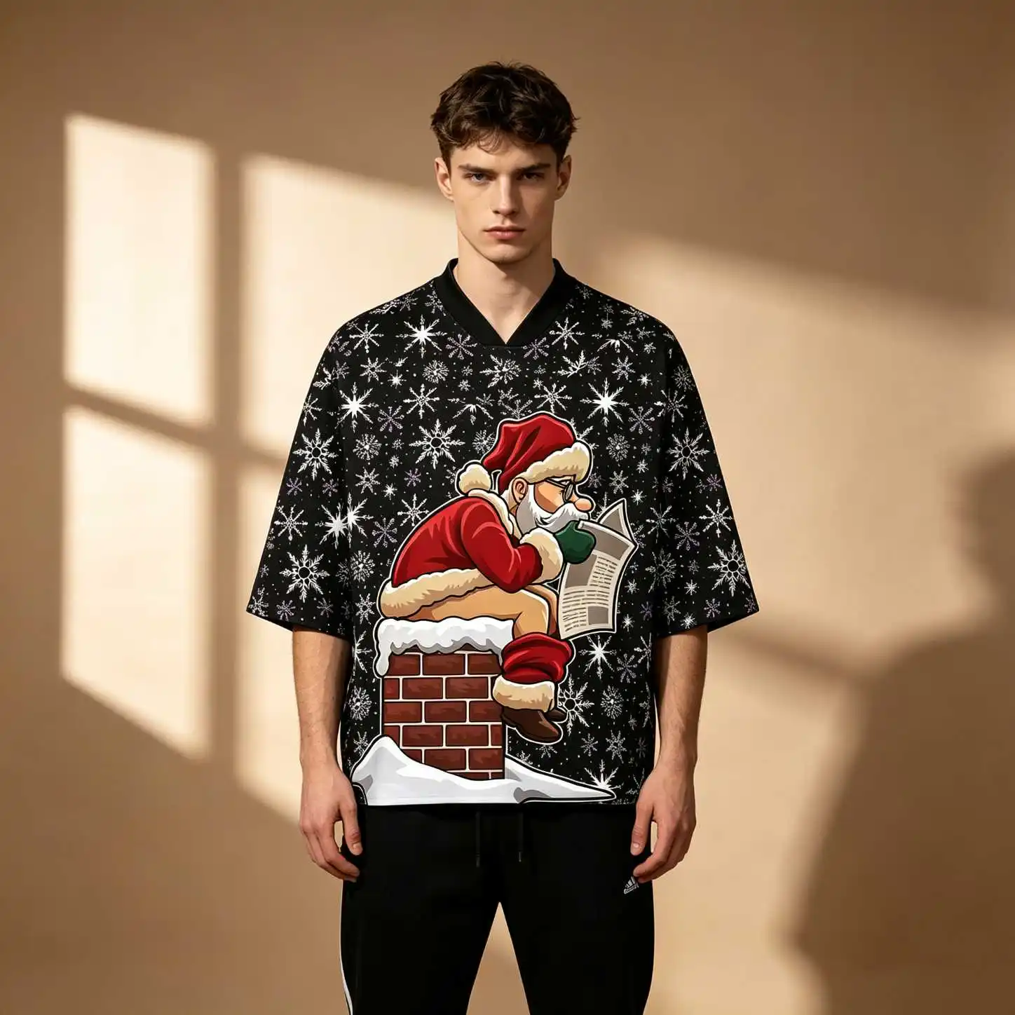Loose Fit Winter Christmas Cartoon Santa Chimney Snowflake Print Men Cozy Oversized V Neck Elbow Sleeve Tee