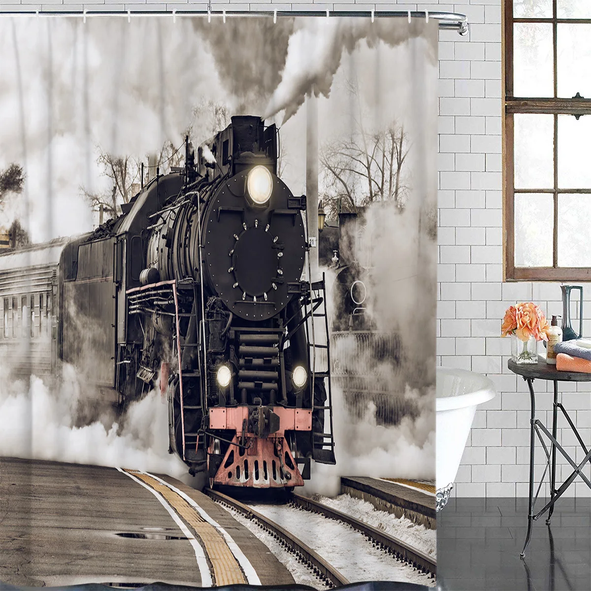 The Steam Age Of Old Trains Waterproof Bathroom Decoration Shower Curtain With Hook Bathtub Curtains Bathroom Accessories