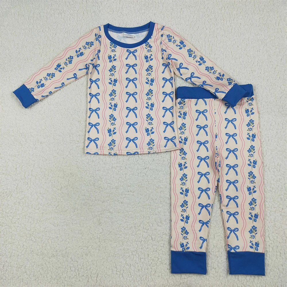 

Baby Girls Long Sleeves Pajamas Set with Blue Bows Flower Stripe Top And Pants Floral Kids Pajamas for Girls