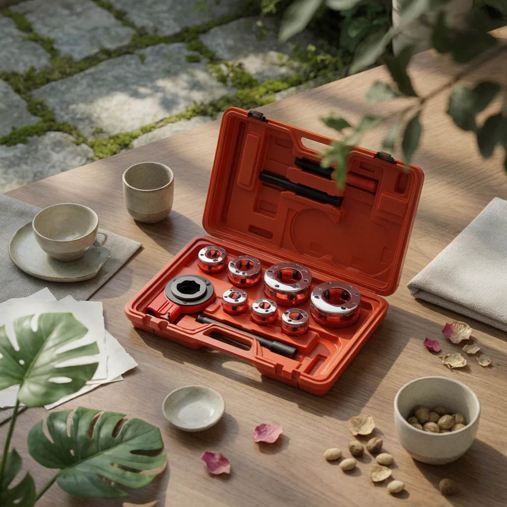 

Portable Hand Pipe Threader Set with Hard Plastic Case Organized Layout Pipe Threading Tool Kit for Shop or Field Work