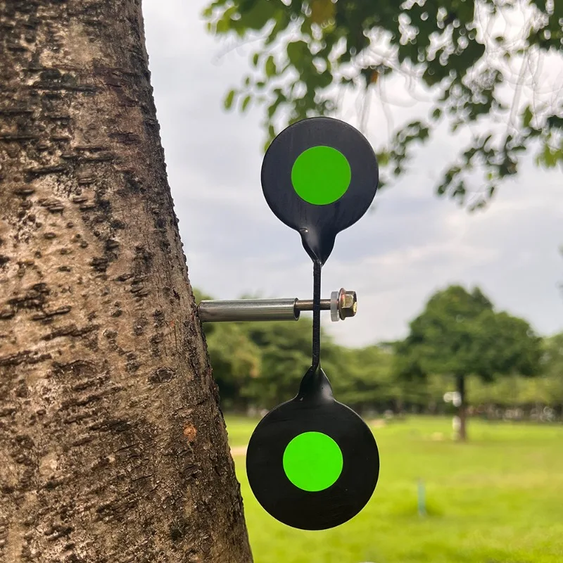 Shooting practice with double circular targets and 360 degree rotation, shooting training with metal inserted tree targets