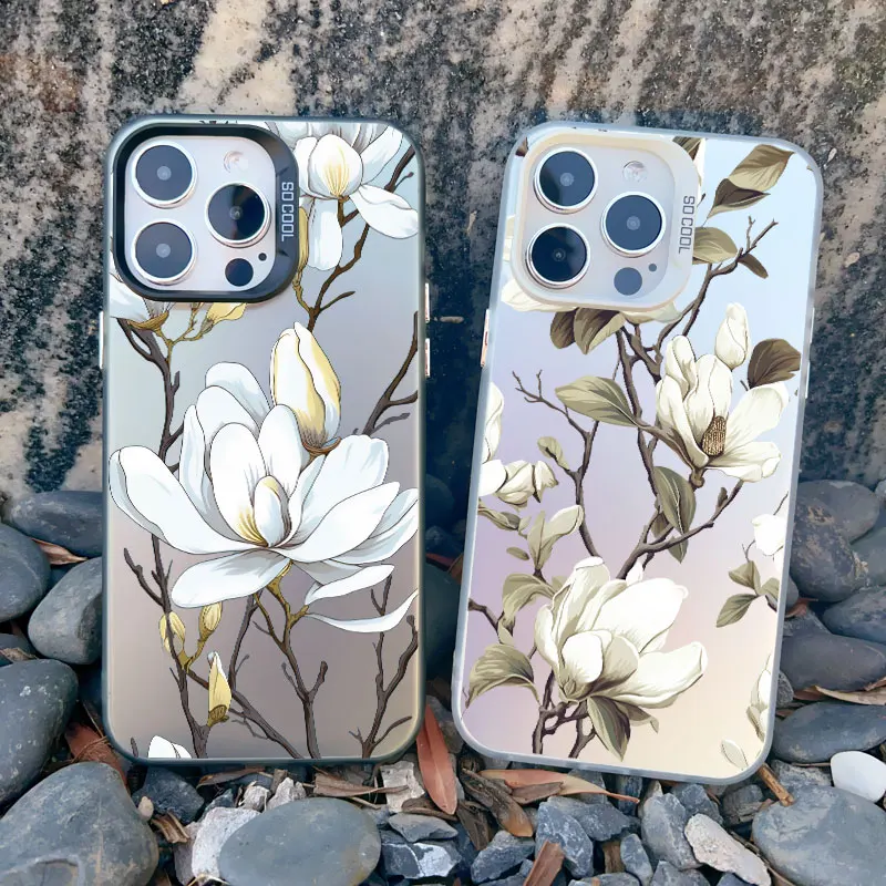 White Magnolia Flower Phone Case For iPhone 16 14 Pro Max Plus 15 13 Mini 12 11 Pro Max Plum Blossom Shockproof Laser Covers