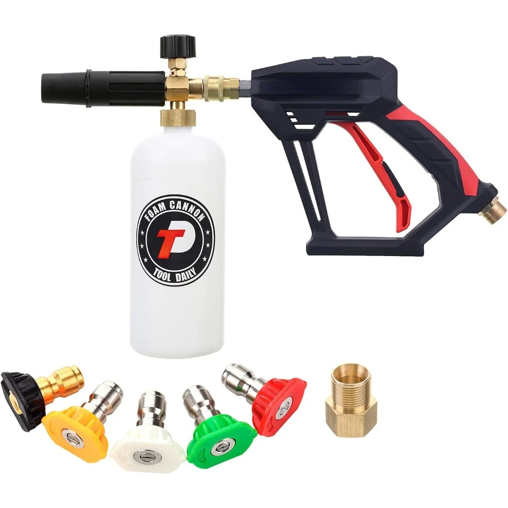 Short Pressure Washer Gun with Foam Cannon, 1/4 Inch Quick Connector, with 5 Pressure Washer Nozzle Tips, 1 Liter