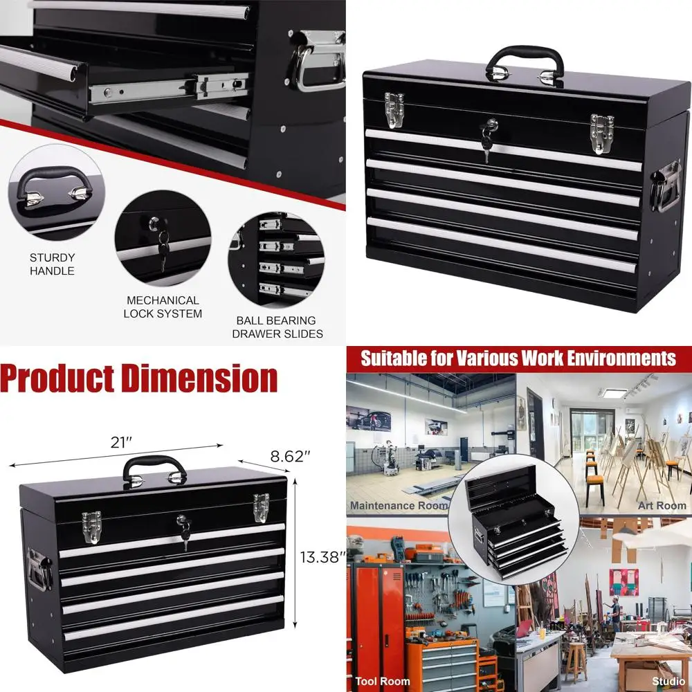 

Металлический переносной ящик для инструментов с 4 выдвижными ящиками, 21 стальной контейнером для хранения, цилиндровым замком для дома и авторемонта