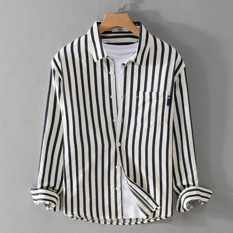 

Fresh Striped Shirt Men Spring Summer Casual Long Sleeve Shirts Man Lapel Bubble Texture Shirt Youth Tops Korean Popular Clothes