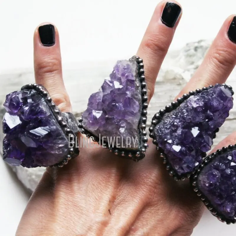 Y2K Amethyst Cluster Druzy Geode Stalactite Flower Crystal Adjustable Women Statement Ring Wicca Boho Hippy Goth Witch Jewelry