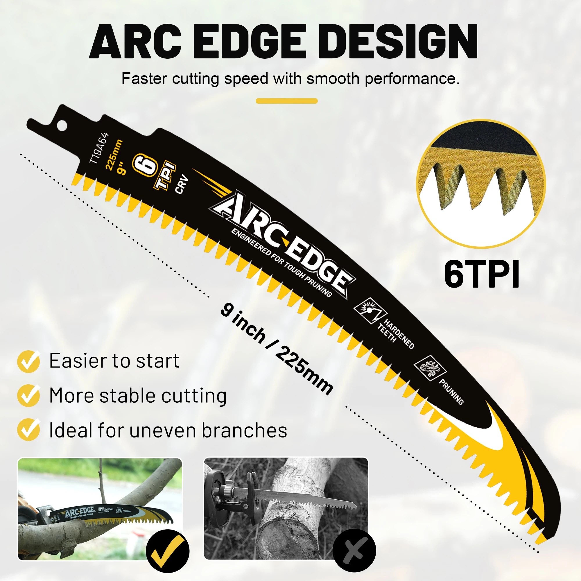 TOLESA 5PCS 9inch Arc Edge Reciprocating Saw Blades, Japanese Teeth Reciprocating Saw Blades for Wood Pruning, Branch Cutting