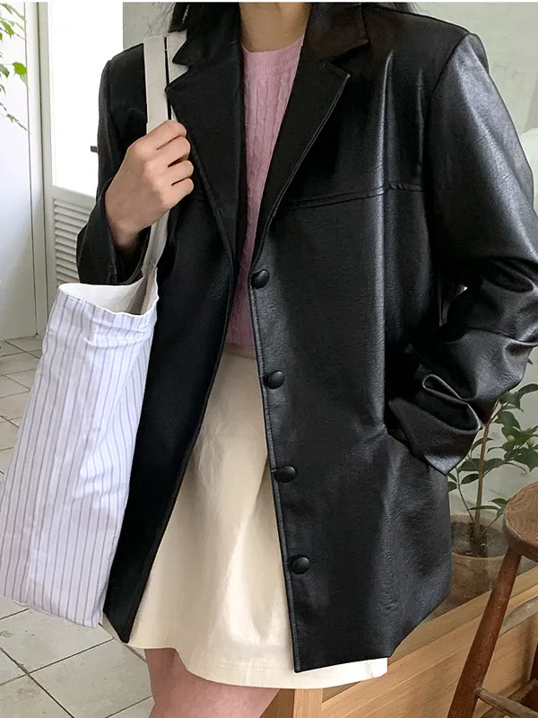 Jaket Kulit PU Kerah Setelan Warna Murni Kancing Tunggal Cocok Longgar Chic Wanita Faion Musim Gugur Sensasi Kelas Atas Ukuran Or