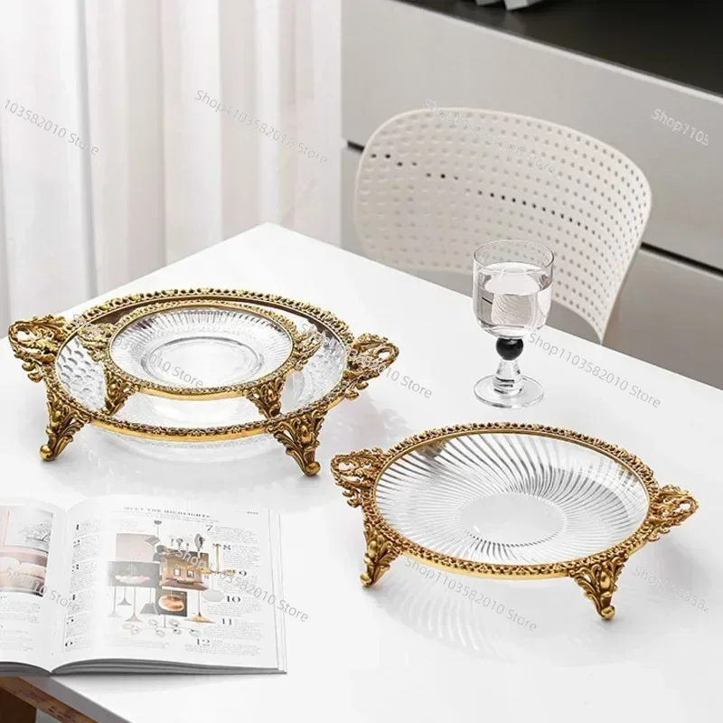 Retro Messing Rundtablett, Europäischer Stil Kristallglas Obstschale Wohnzimmer Villa Dekoration Ornament