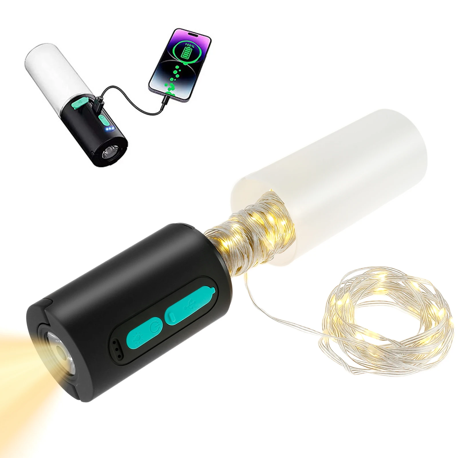 NEW Camping String Lights 33Ft 4 Lighting Modes Camping Lantern with String Light 4000mAh USB Rechargeable Camping Flashlight