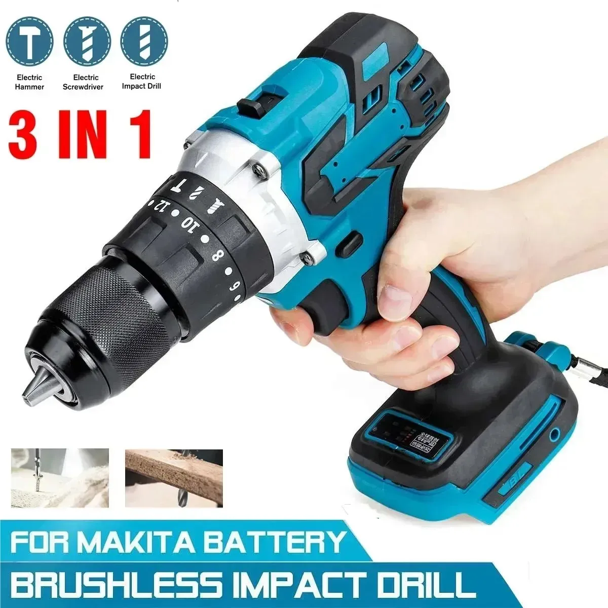 Makita – perceuse à percussion électrique 3 en 1, couple 520N.M, mandrin de 10mm, marteau plat, 4000 tr/min, tournevis électrique pour batterie 18V