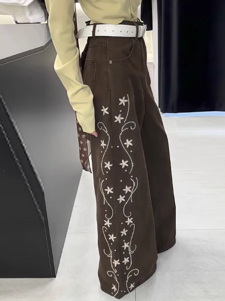 

Ретро джинсы с высокой талией и широкими штанинами, повседневные, женские, с боковой цветочной вышивкой, осенние, новые, удобные, стройнящие