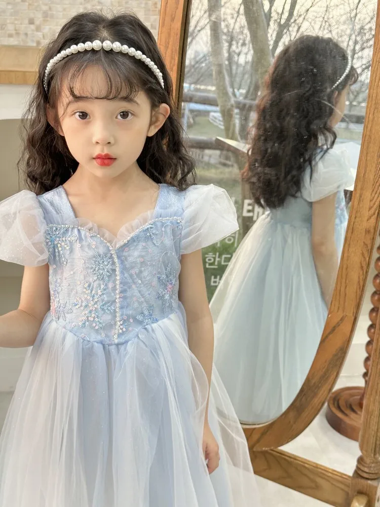 Frocks for Kids New in 2023 Sky Blue Elsa Summer Chiffon One-piece Long Clothing Girls Flower Bridesmaid Birthday Party Dresses