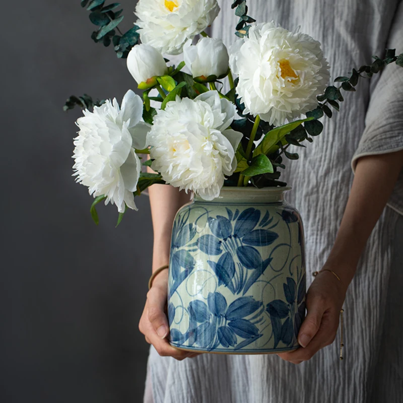 Handwork Hand-painted Vases Ceramic Retro Blue and White Xi Word Pottery Pot Flower Arrangement Living Room Home Ornament Simple