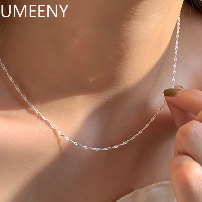 جديد 925 فضة تألق موجة المياه قلادة سلاسل السلس المختنق بسيط النساء للفتيات هدية الزفاف غرامة مجوهرات