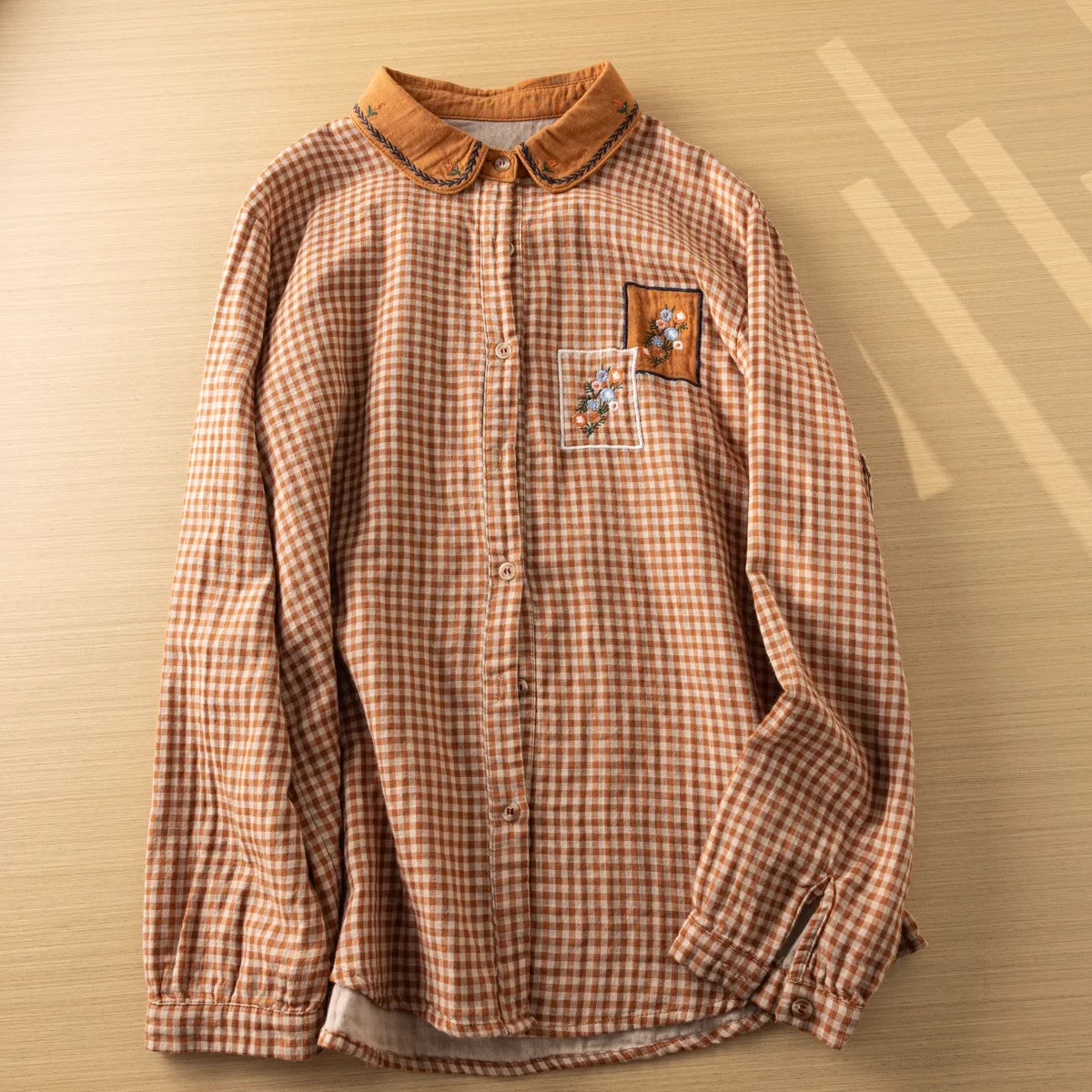 Mori kei clothing 100% cotton yarn orange plaid shirts flowers embroider patch stylish women\'s blouse women\'s long sleeve tops