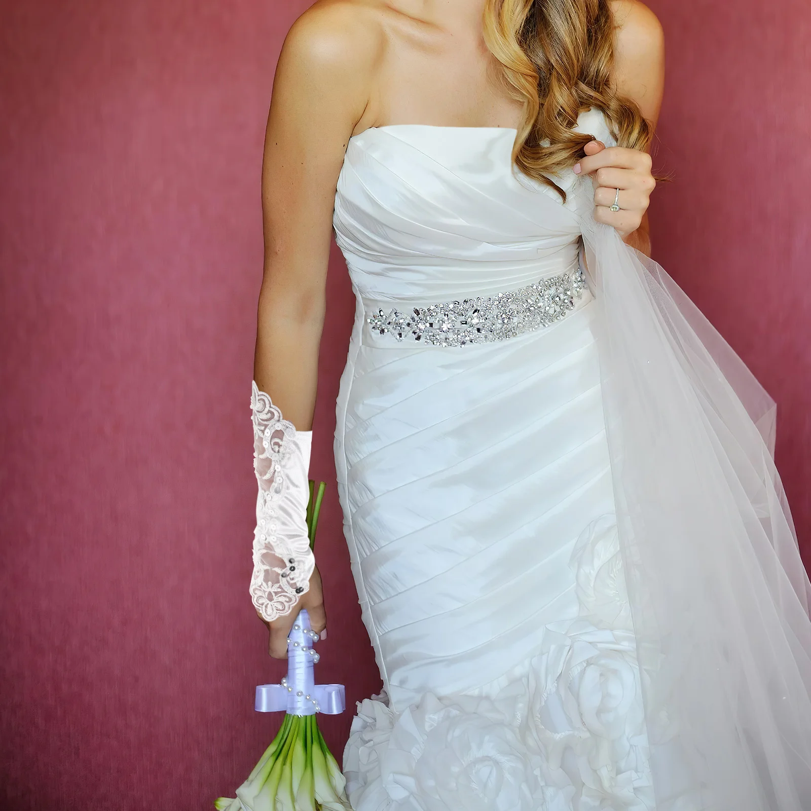 Gants de mariée en dentelle, 1 paire, élégants, blancs, sans doigts, accessoires de mariage, Design Floral, robe de mariée confortable et respirante