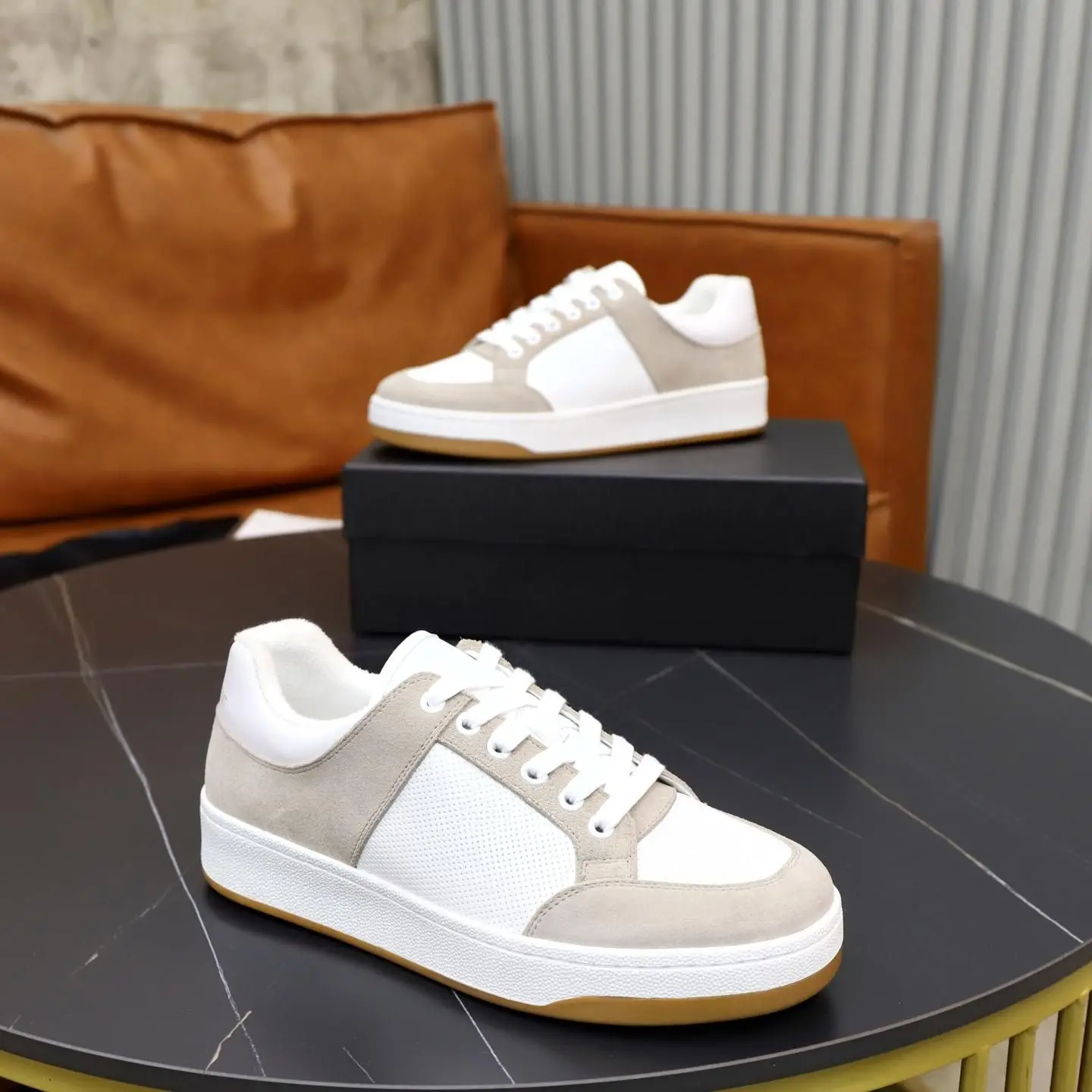 Unisex Fashion Low Cut Leather Suede Warm Board Shoes White Perforated Upper With Light Khaki Suede Accents White Laces Daily Skate Shoes
