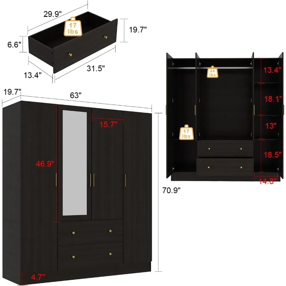 Dark Brown Wardrobe Armoire with Mirror, 5-Tier Shelves, 2 Drawers, 2 Hanging Rods and 4 Doors, Wooden Closet Storage Cabinet f
