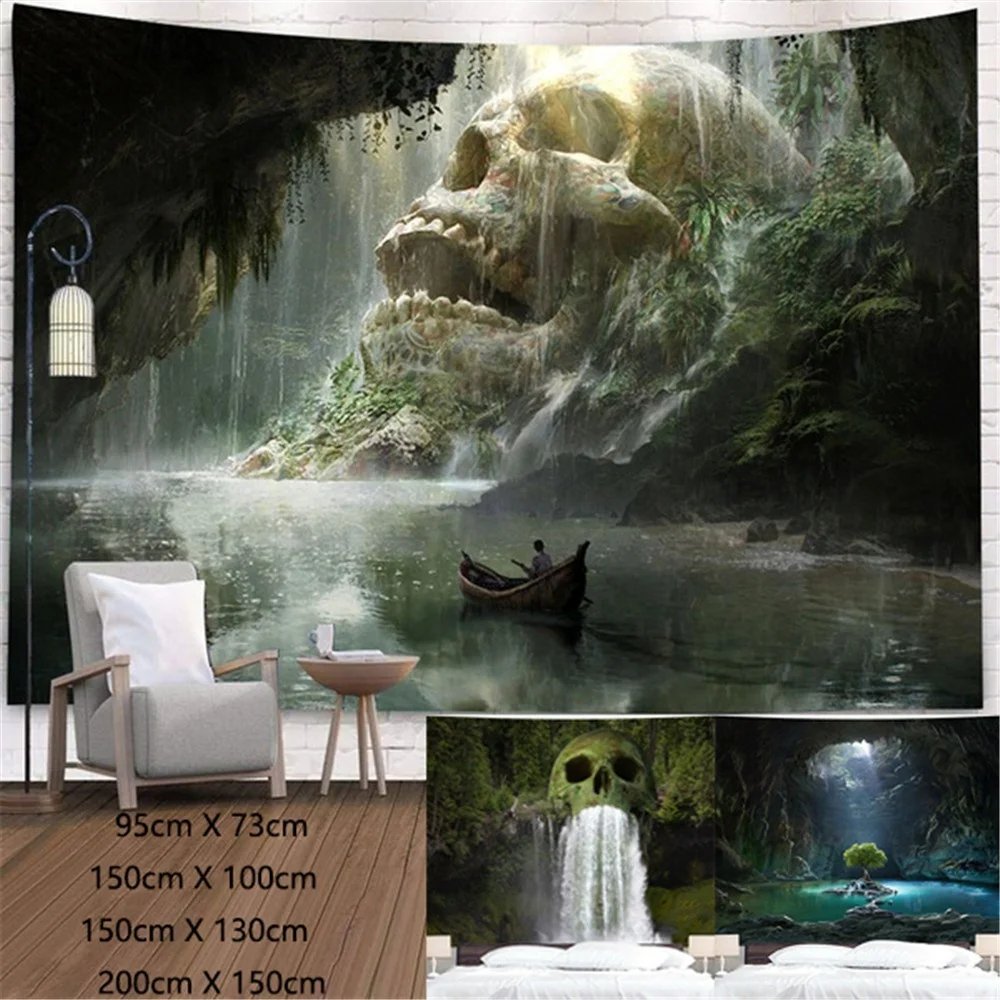 Natural Skull Head Water Spray Waterfall 3D Printing Tapestry Wall Home Decoration Wall Background Cloth(95X73cm/150X100 Cm)