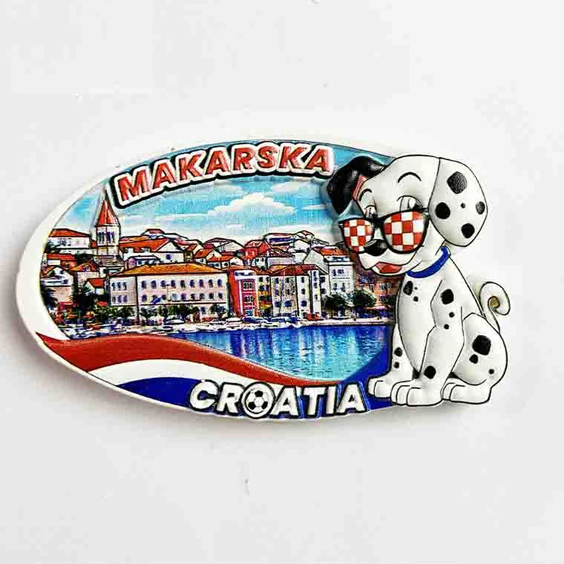 Makarska, Croatia, Dalmatian dogs, scenic architecture, decorative home, fridge magnets, tourist souvenirs 3D stereo