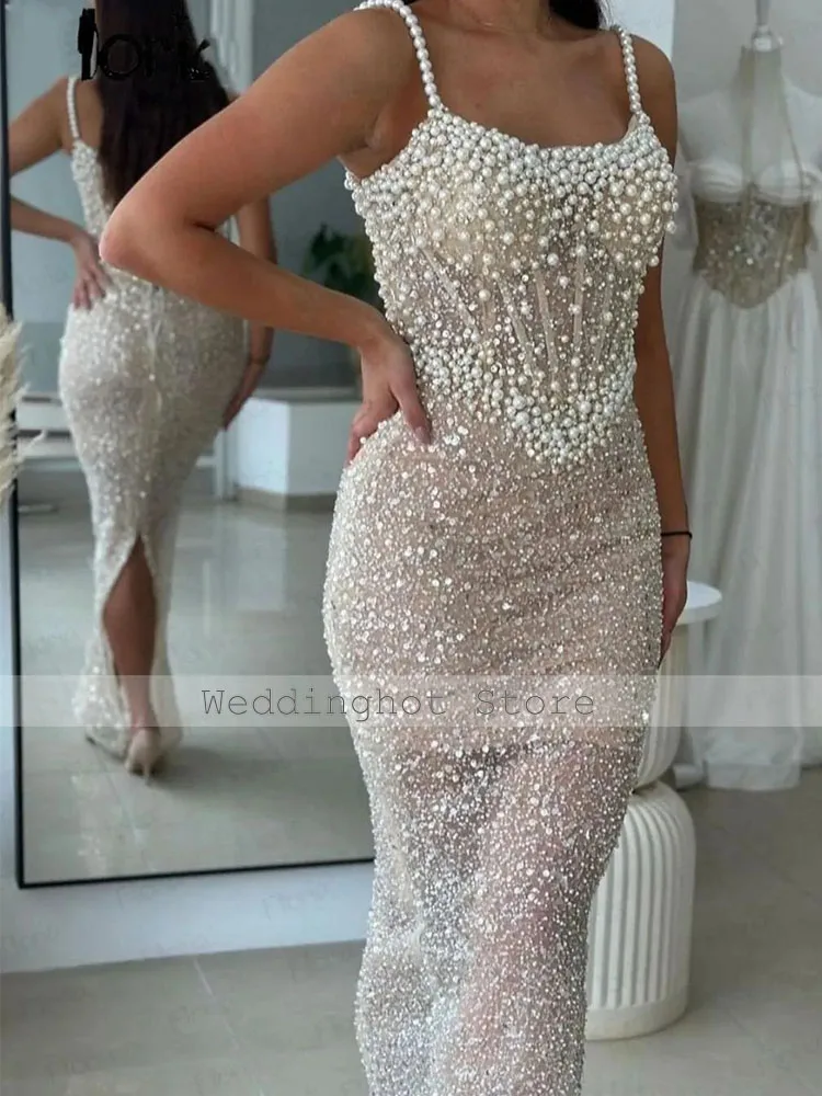 Luxury Evening Dress Ivory Pearls Spaghetti Straps Column Evening Gowns for Women 2024 Sleeveless Illusion Formal Party Dresses