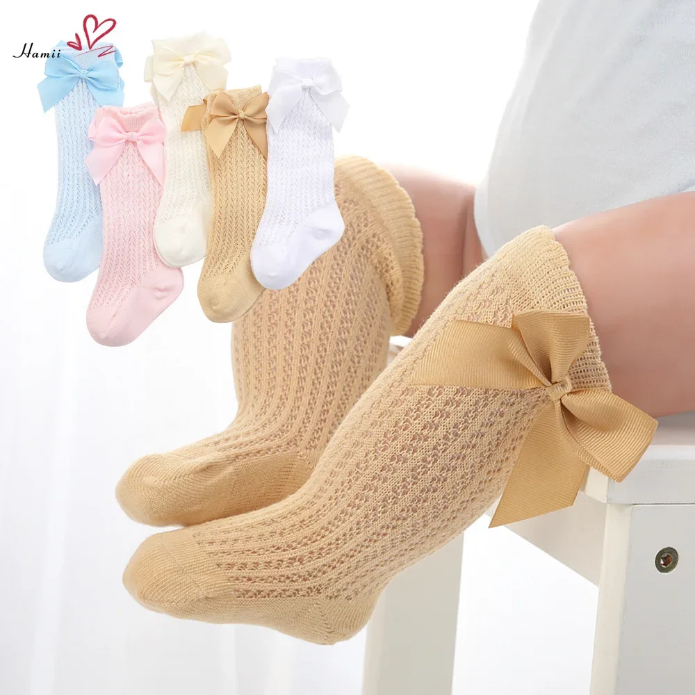 Summer Baby Girls Socks Toddlers Bow Long Sock Kids Knee High Soft Cotton Mesh Spanish Style Hollow Out Lace Stocking 0-12Months