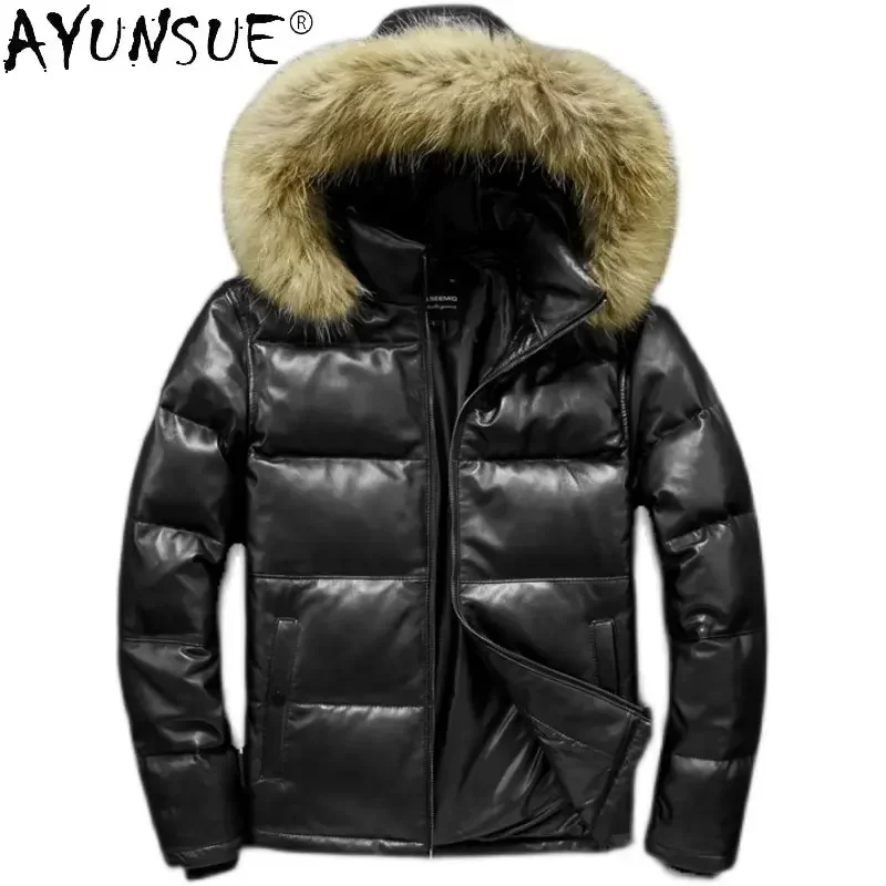 2022 New Winter Jackets Men Genuine Leather Down Jacket Men\'s Padded Real Sheepskin Coats Hooded Thick Warm Leather Coat Jaqueta