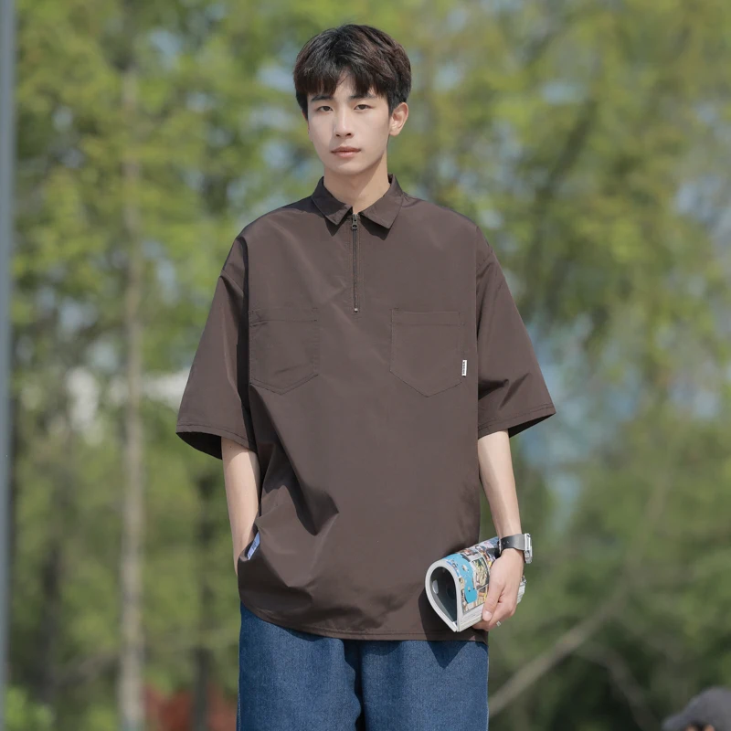 

y Men's ort Sve irt Thin Summer Workwear Trendy Brand Faion Outerwear Casual Loose Fit Zipper Closure irt