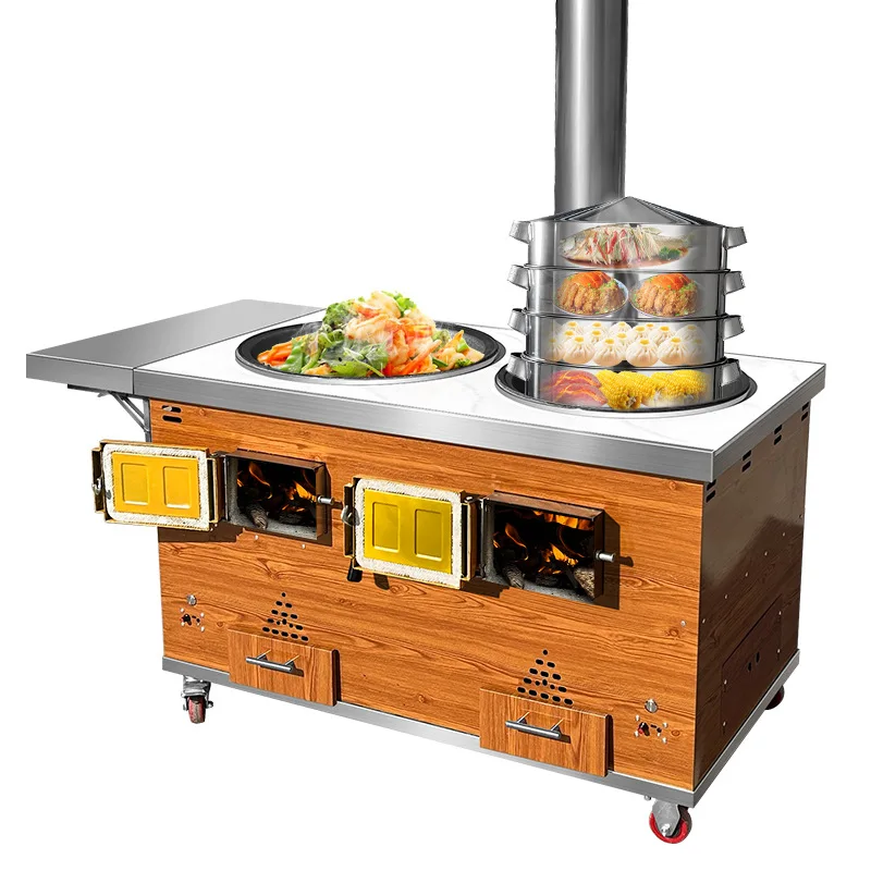 Household double pot firewood new thickened rock slab mobile stove outdoor smokeless large pot stove rural firewood stove