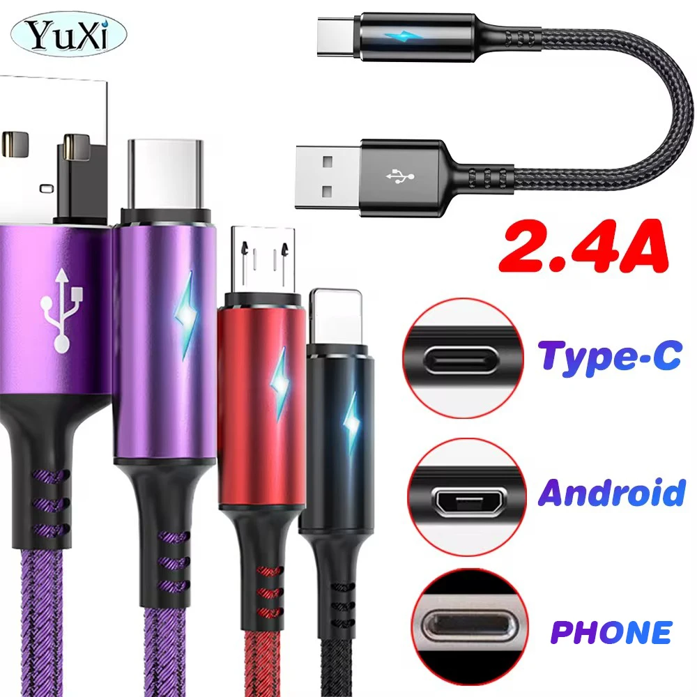 1Pc Fast Charging Data Cable 2.4A USB to Micro Type-C Cable For Android Phone Charger Mobile Power Transmission