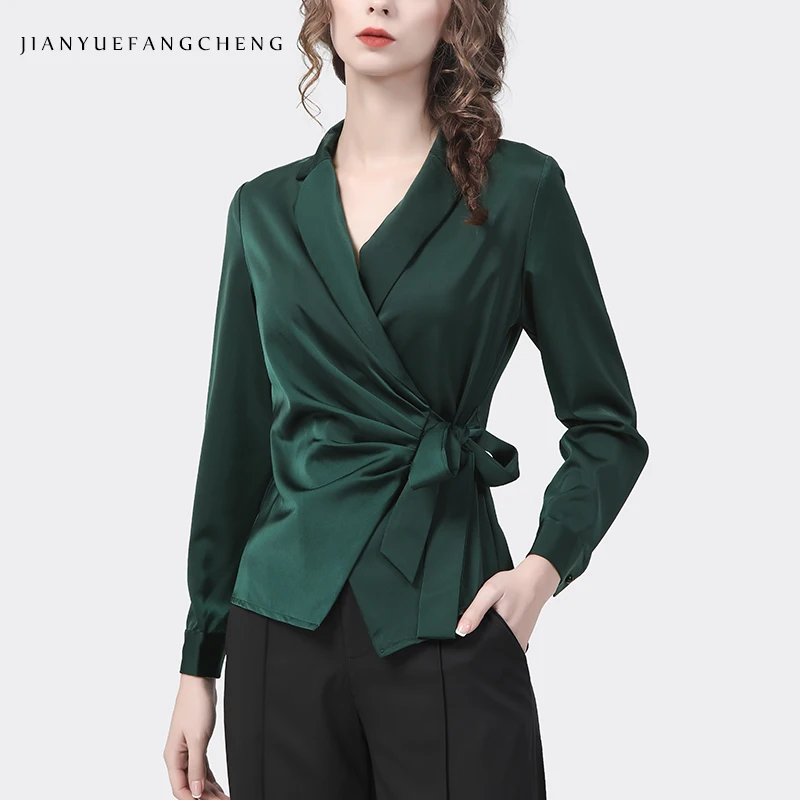 Womens Long Sleeve Green Satin Lace-Up Shirt Crossed V-Neck Elegant Slim Fit Spring Summer Ladies Tops Casual Working Blouses