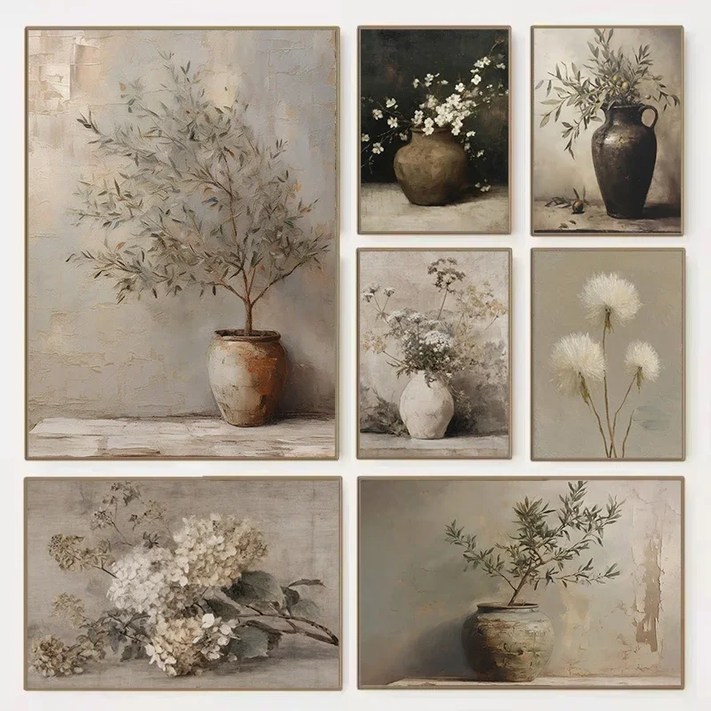 (No frame)Vintage Moody Peaceful Wildflower Boho Botanical Olive Dandelion Poster Canvas Painting Wall Art Pictures Home Deco