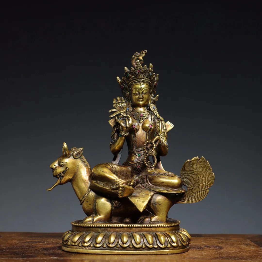 

Tibetan brass gilt inlaid with precious stones, copper sheep riding beast Tara Guanyin Bodhisattva ornament, home Buddhist hall