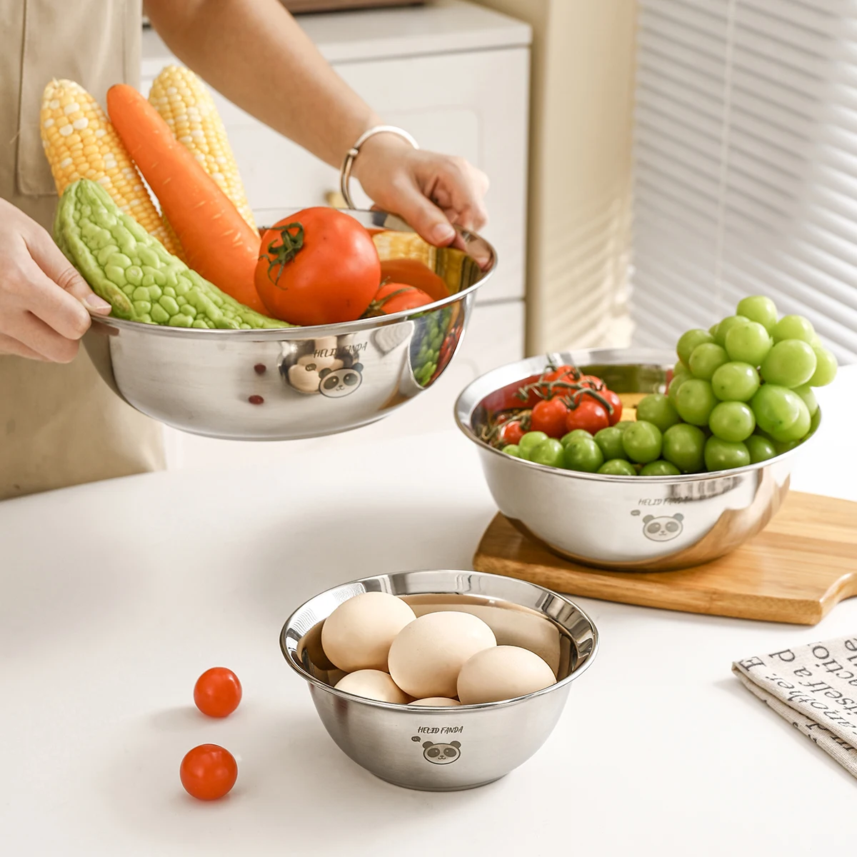 

304 Stainless Steel Fruit Salad Bowls Egg Mixing Bowls Fruit Vegetable Washing Basin Large Capacity Food Container Baking Tool