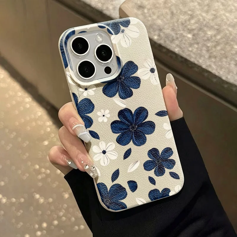 Flowers Pattern Lychee Texture Soft Phone Case For iPhone 17 Pro 16 15 14 13 12 11 Pro Max 14 Plus 17 Air Silicone Back Cover