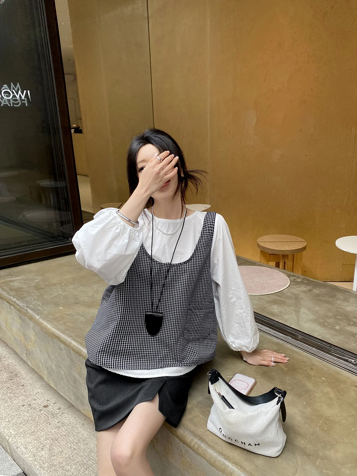 

FEELROOM Ретро-комплект из двух предметов: рубашка и жилет в клетку, с длинным рукавом, круглым вырезом, из хлопка, повседневный, женский, весенне-летний, модный топ