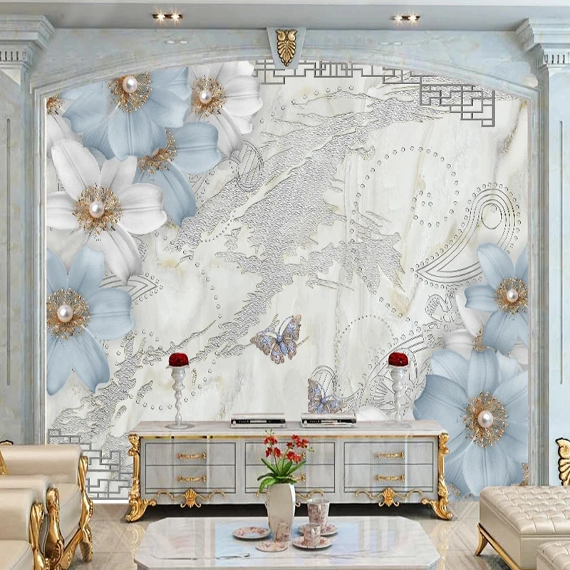 Custom 3D Wallpaper Little Fresh 3D Pearl Lily Butterfly Silver Murals Living Room Bedroom Backdrop Home Decor Art Wall Paper